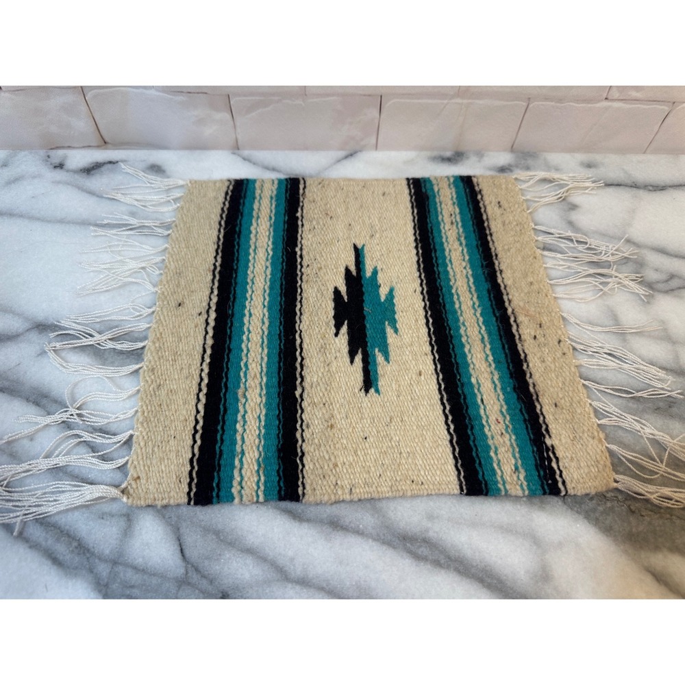 Southwestern Zapotec Handwoven Wool Textile Rug Teal Cream Black 10x10 Mini Rug